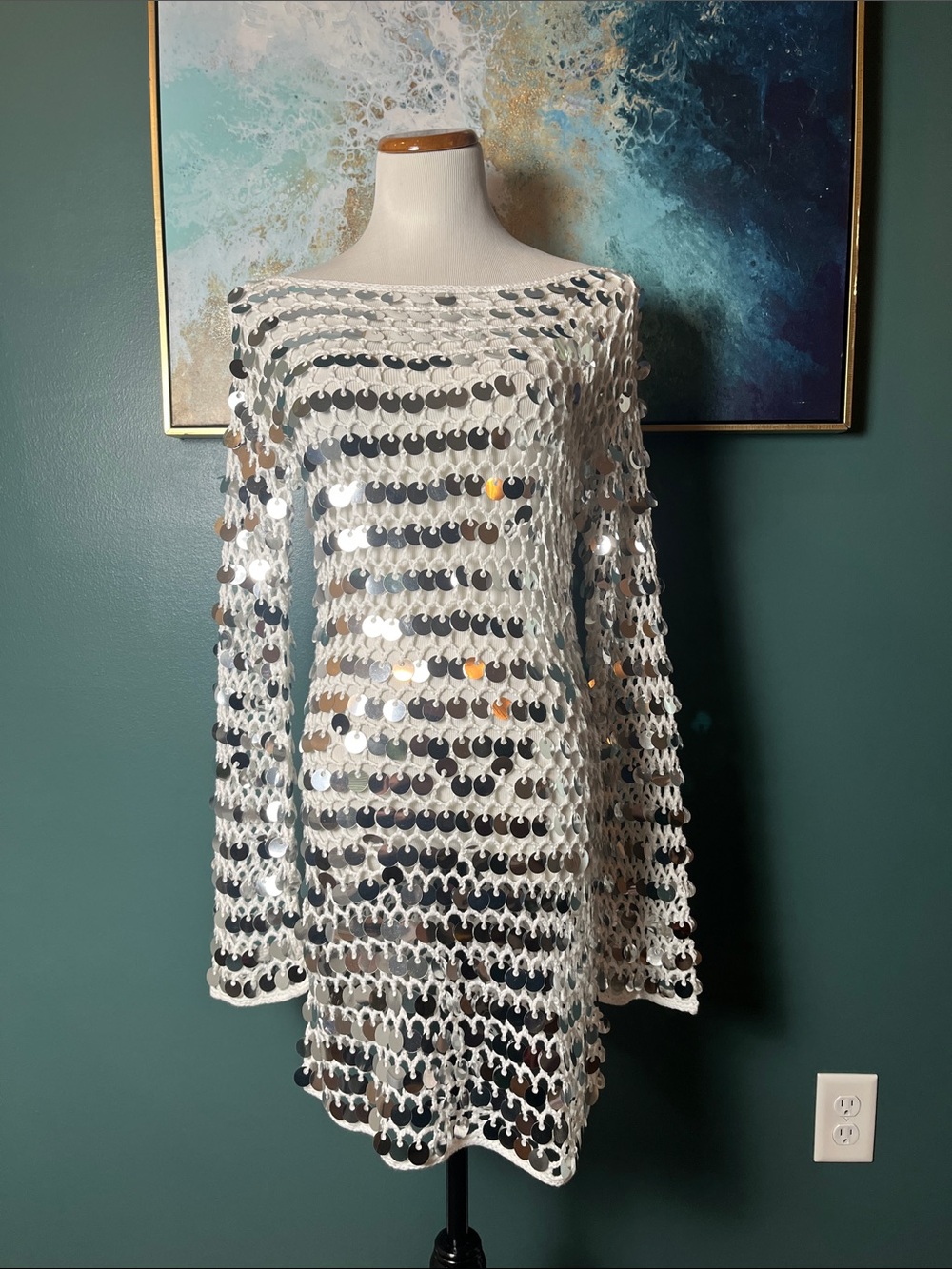 AKIRA Silver White Sequin Crochet Long Sleeve Dress